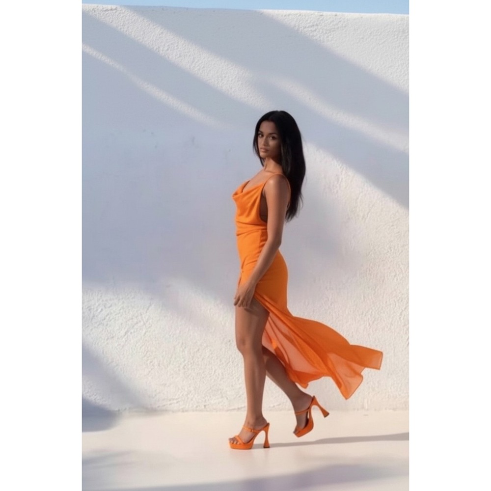 Toluca Gisele Maxi Cowl Neck Sheer Dress‎ L NWT Nectar Orange TS-02-58NEC-L